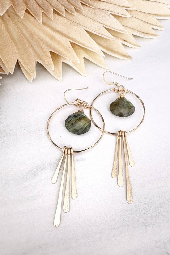 Quinn Sharp - Labradorite and Long Hammered Fringe Hoops in Gold