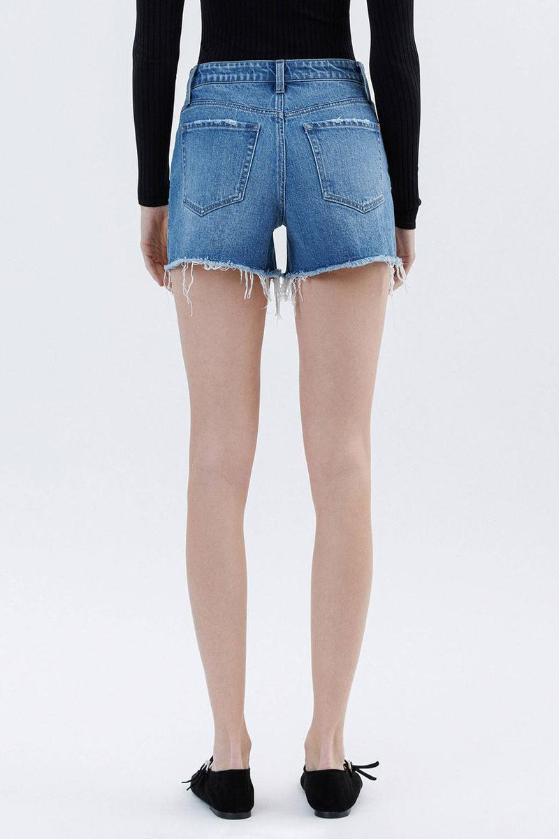 VERVET by Flying Monkey - High Rise Raw Hem Denim Shorts in Amicably