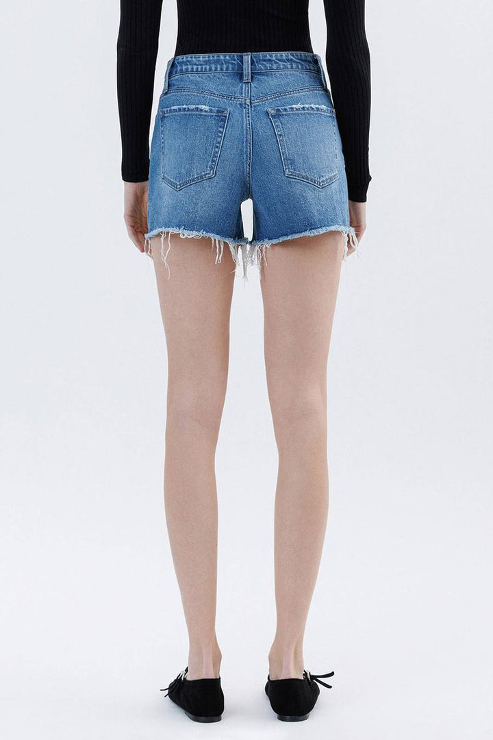 VERVET by Flying Monkey - High Rise Raw Hem Denim Shorts in Amicably