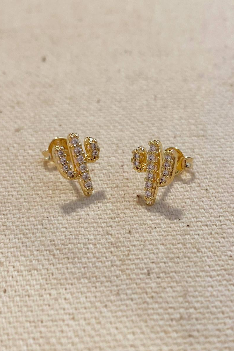 GoldFi - 18k Gold Filled Cactus Stud Earrings With Micro Cubic Zirconia Stones