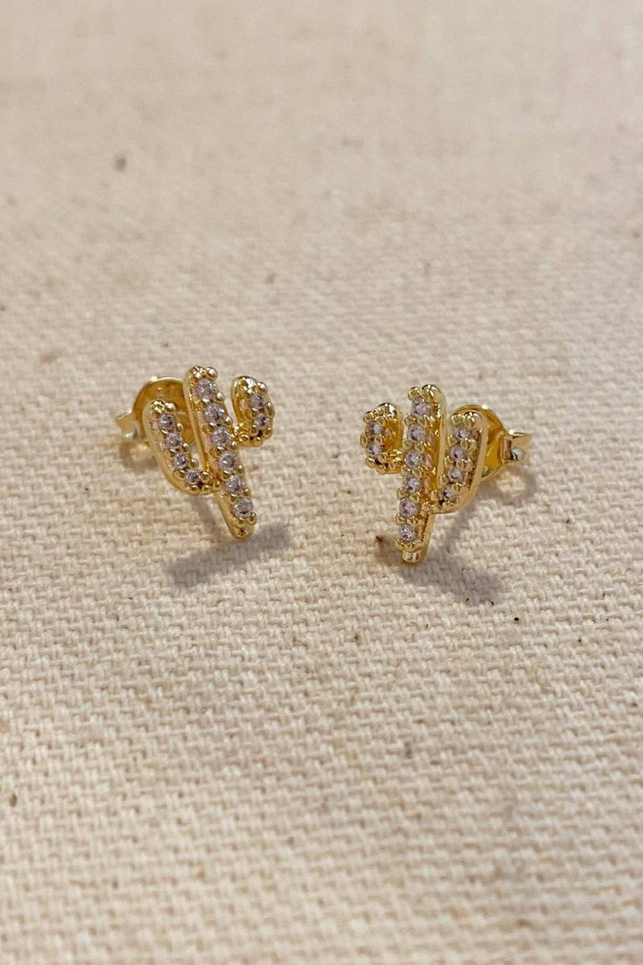 GoldFi - 18k Gold Filled Cactus Stud Earrings With Micro Cubic Zirconia Stones