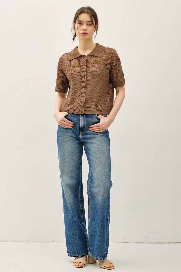 Be Cool - Lightweight, Button Up Sweater with Scalloped Edges in Brown