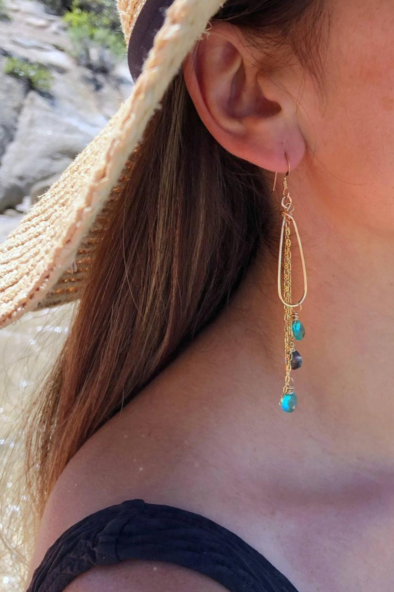 Quinn Sharp - Long Teardrop Ocean Blue Gemstone Hoops in Gold