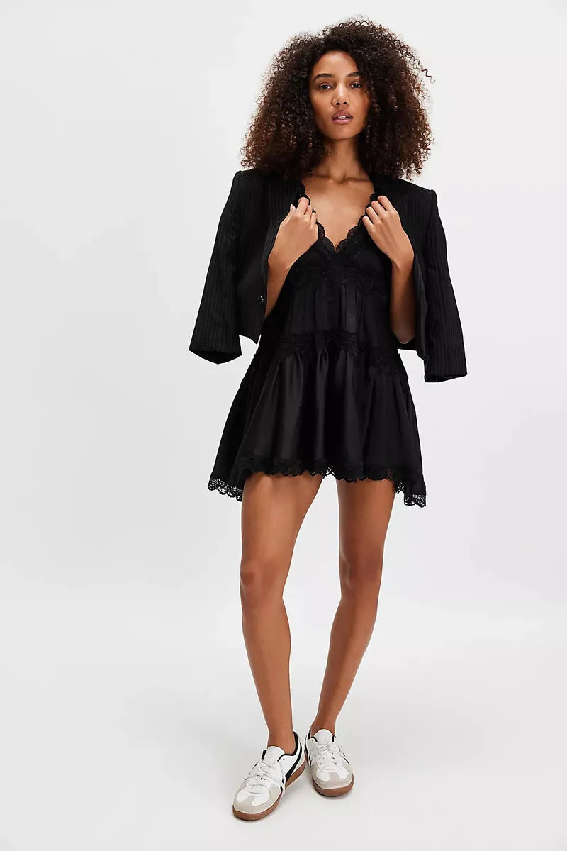 Free People - FP In This Groove Mini Slip Dress in Washed Black