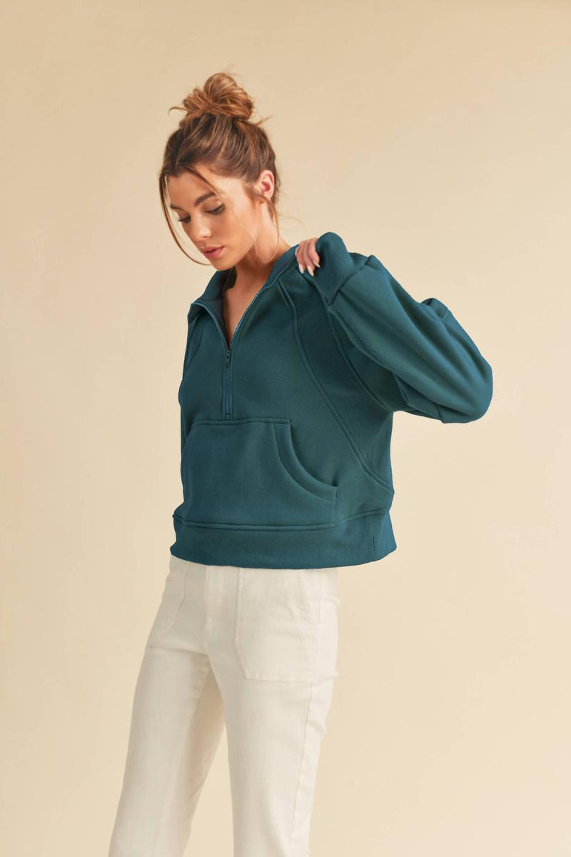 AEMI + CO - Dove Funnel Neck Half Zip in Teal