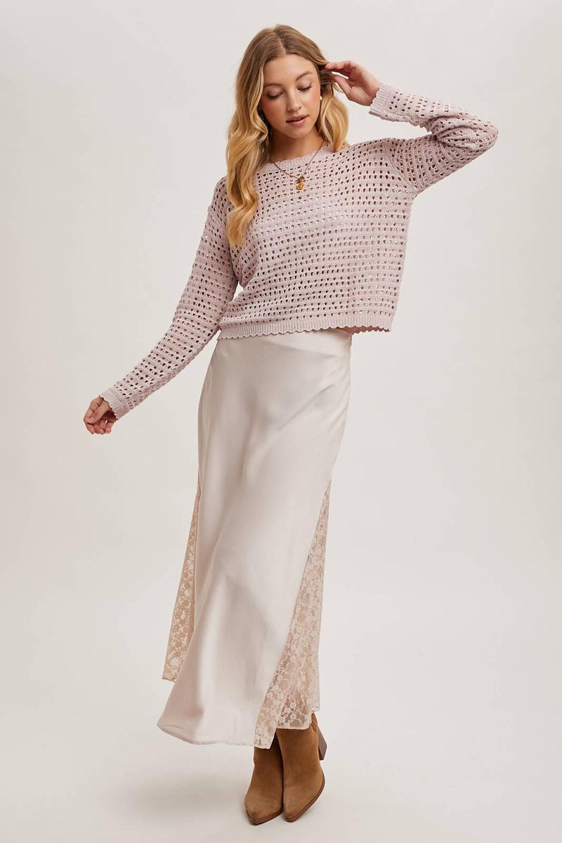 Bluivy - Lace Trimmed Mid-Rise Satin Skirt in Pearl