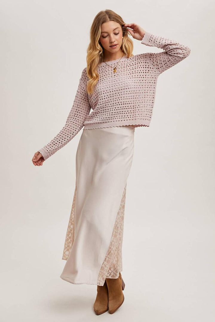 Bluivy - Lace Trimmed Mid-Rise Satin Skirt in Pearl