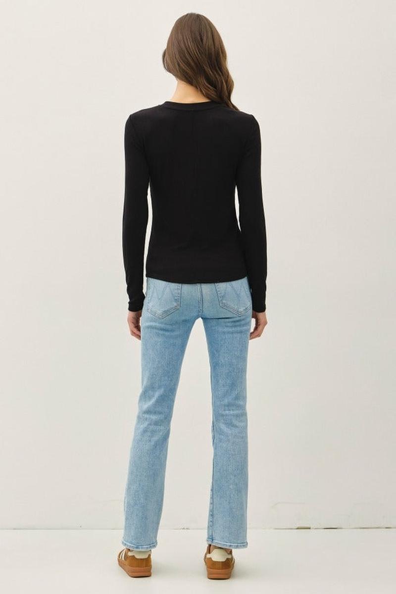 Be Cool - Modal Classic Ribbed Longsleeve Henley Basic Top in Black