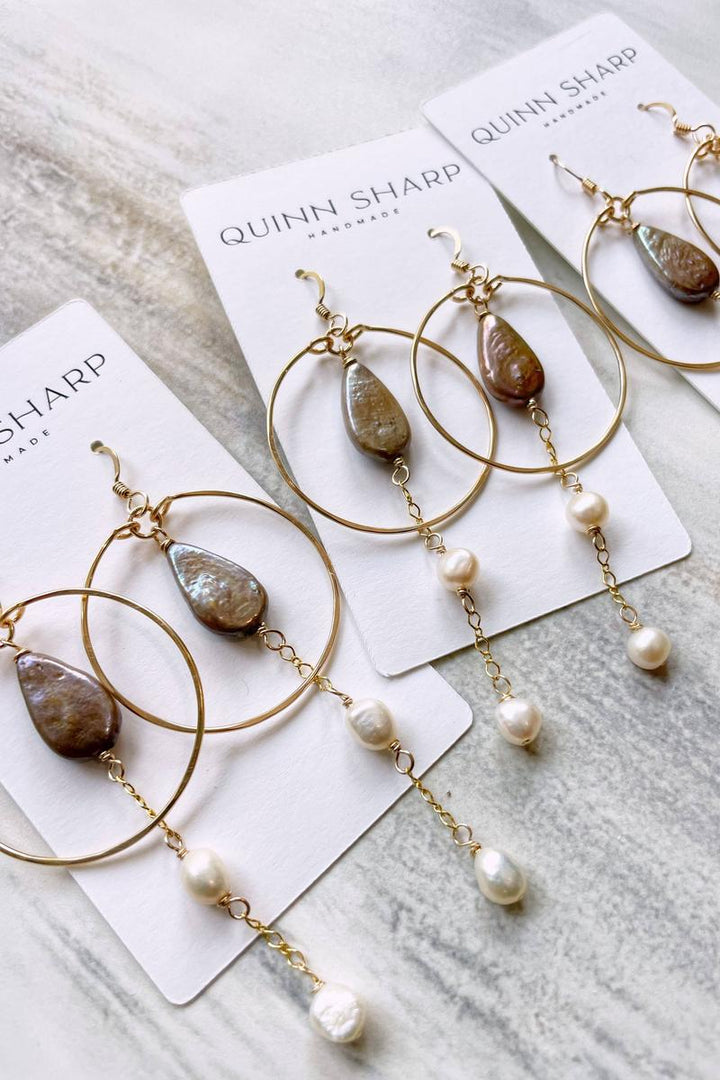 Quinn Sharp - Chocolate Teardrop Pearl Chain Hoops | Gold FIlled