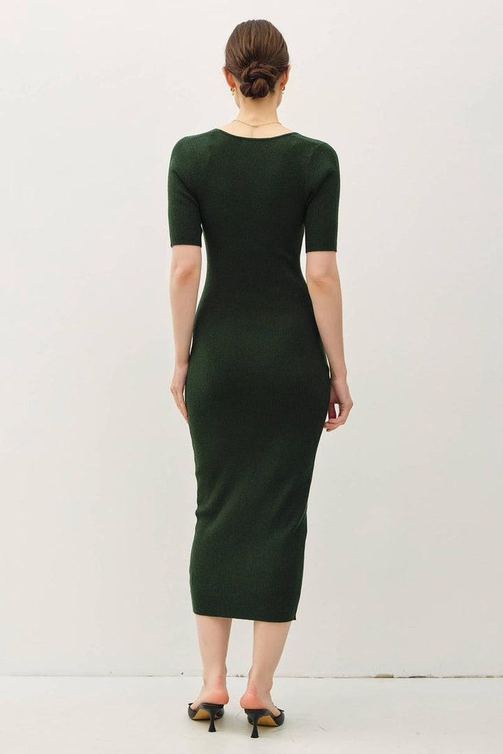 Be Cool - Square Neck Half Sleeve Bodycon Sweater Dress in Pine Green