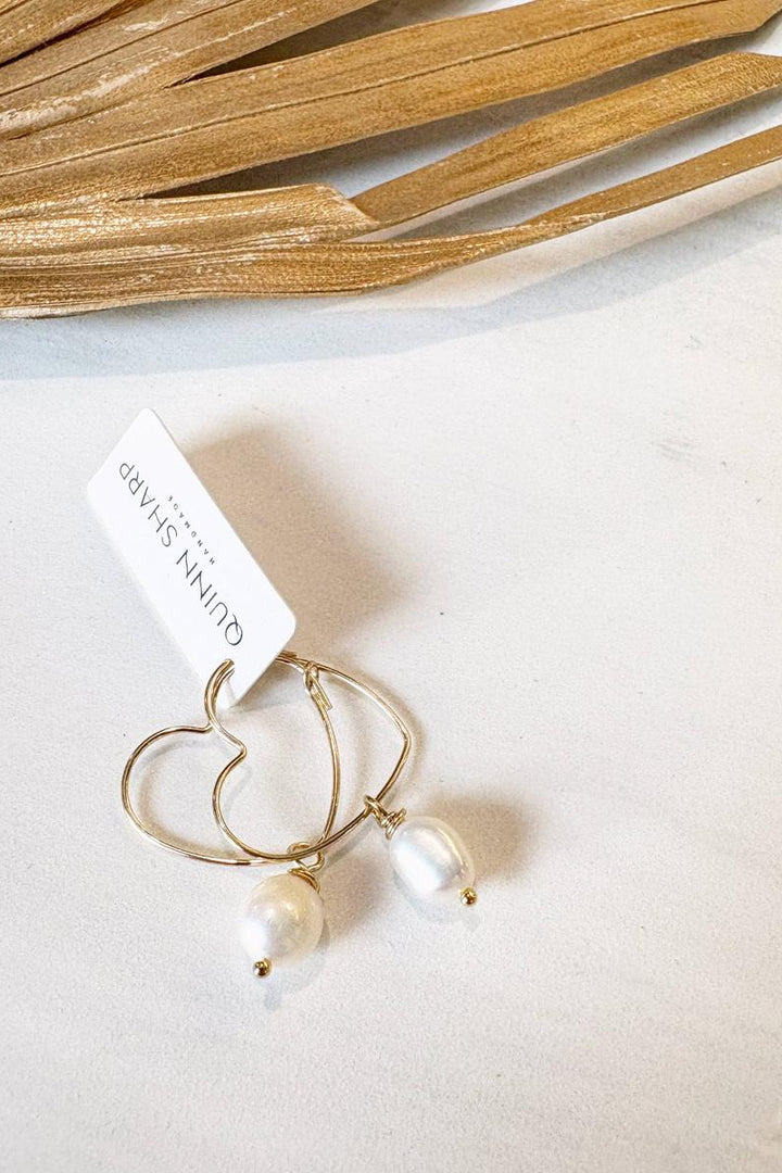 Quinn Sharp - Gold Filled Heart Hoops Freshwater Pearl Drop Earrings in Gold