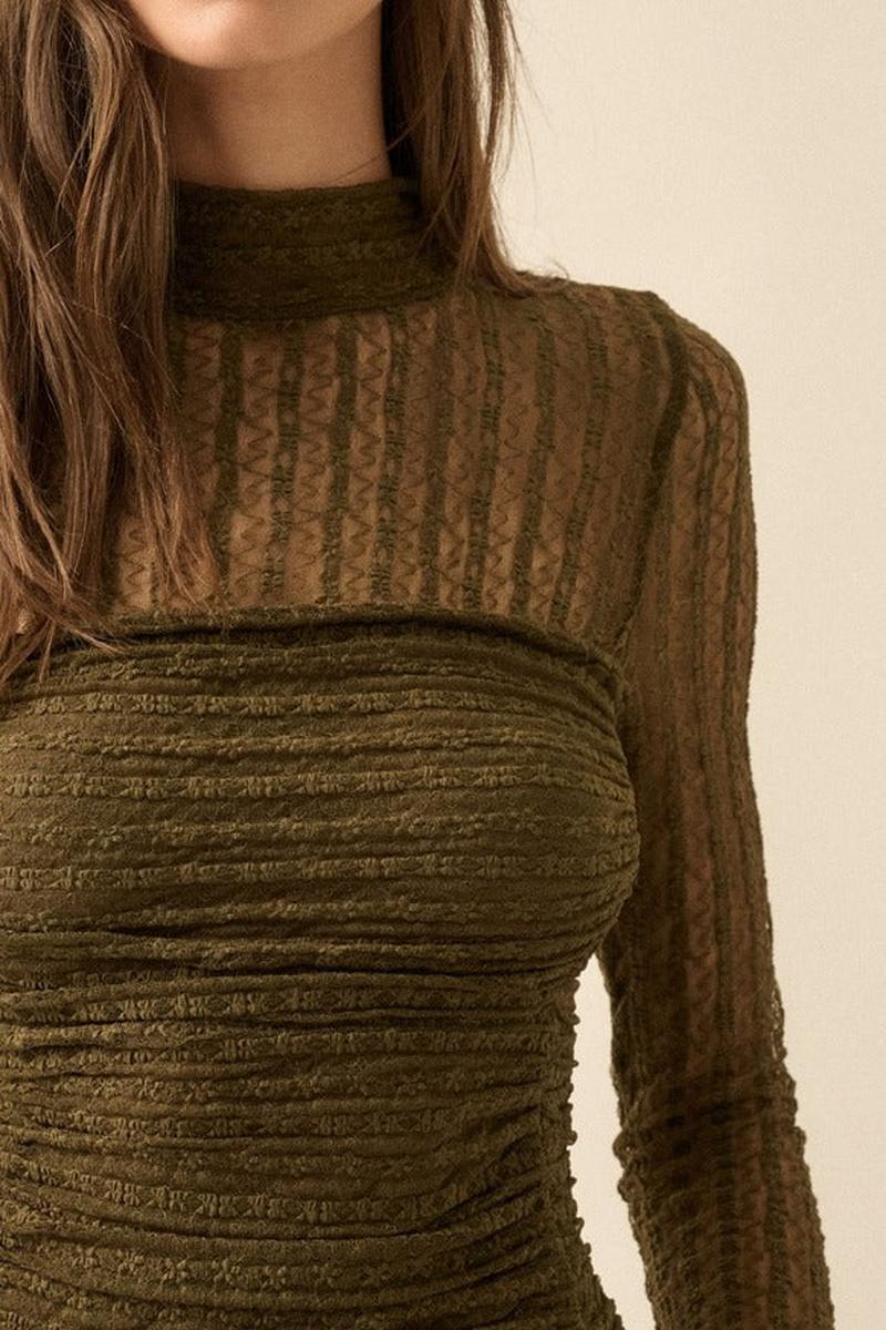 Promesa USA - Striped Floral Lace Ruched Mock-Neck Bodysuit in Olive