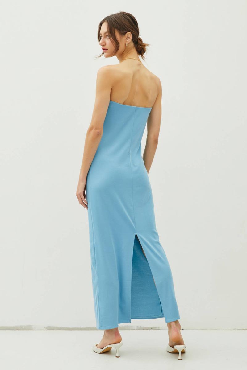 Be Cool - Solid Strapless Tube Maxi Dress With Back Slit in Aqua Blue