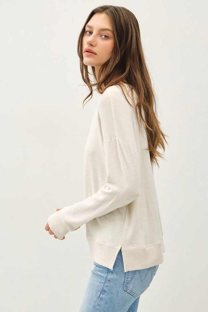 Be Cool - Round Neck Hacci Brushed Pullover Knit Top in Oatmeal