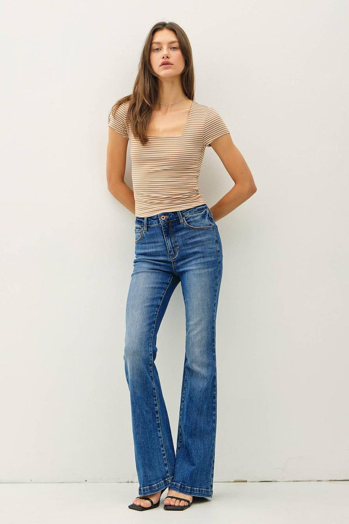 Be Cool - Striped Square Neck Knit Tee in Mocha
