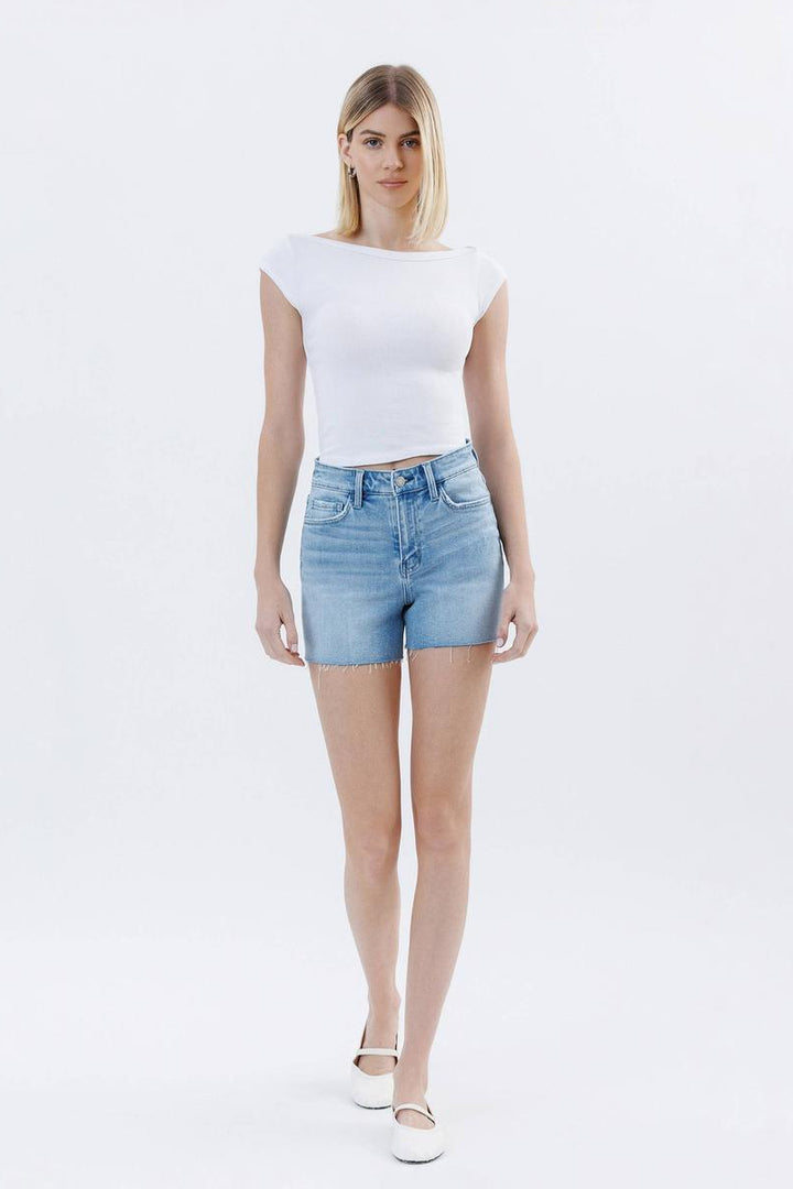 VERVET by Flying Monkey - High Rise Raw Hem Denim Shorts in Uptown Funk