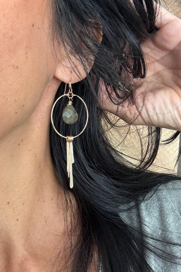 Quinn Sharp - Labradorite and Long Hammered Fringe Hoops in Gold
