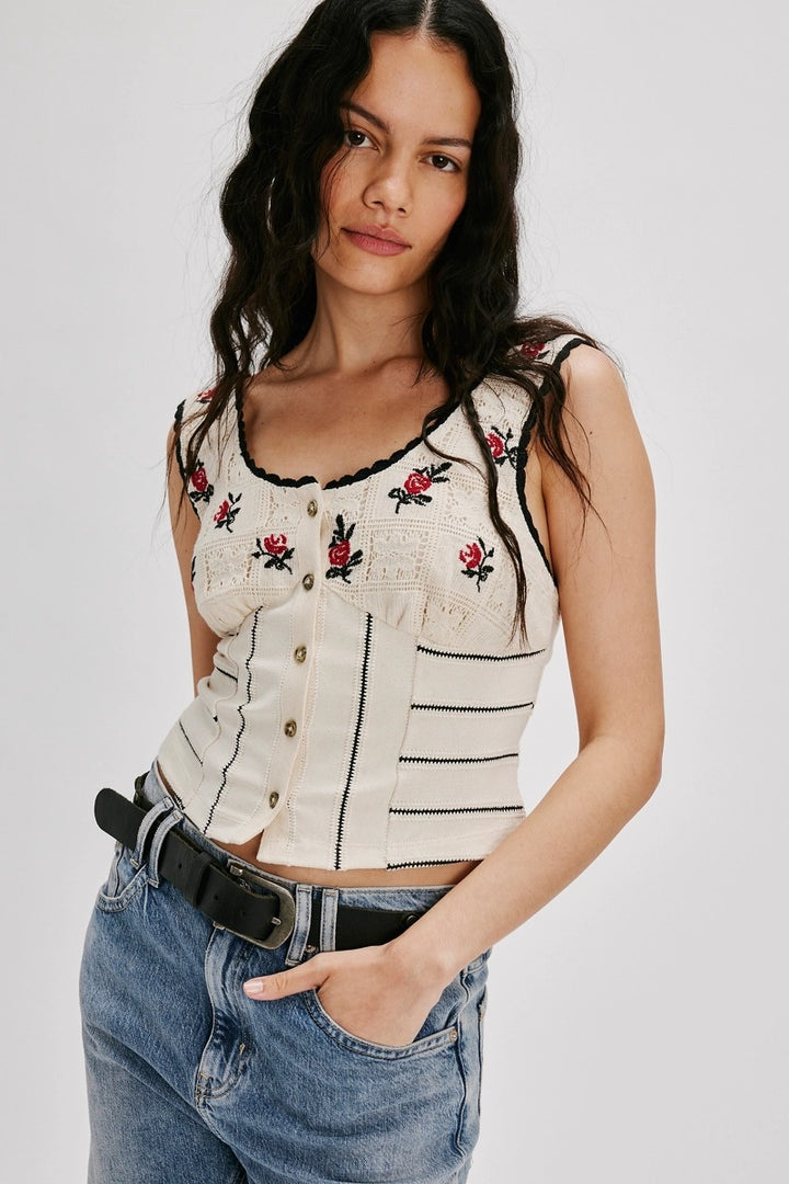 Free People - Rose Bud Knit Top in Ivory Combo