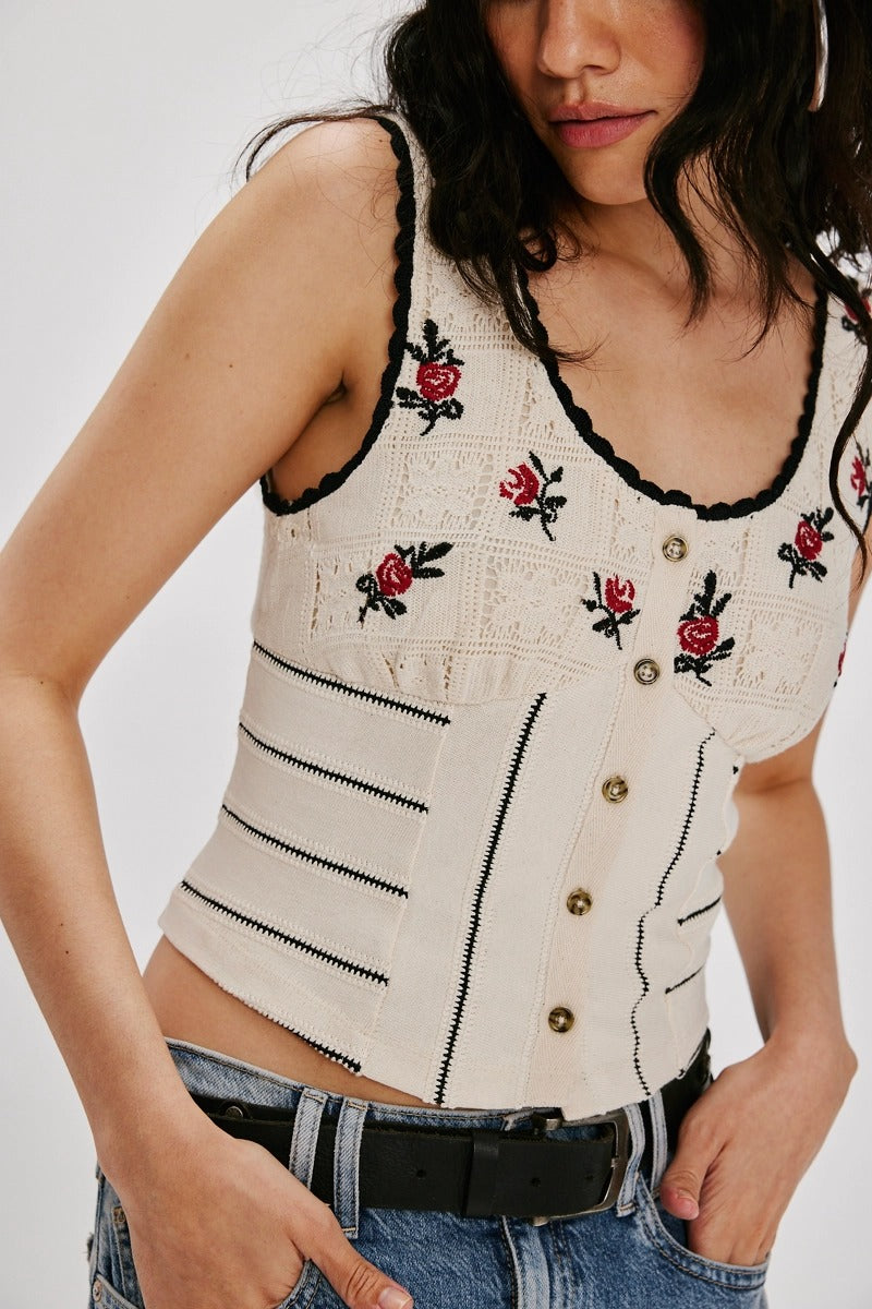 Free People - Rose Bud Knit Top in Ivory Combo
