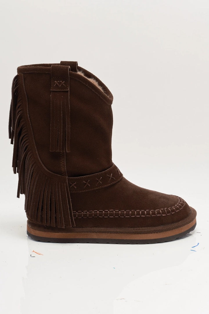 Free People - Faye Fringe Pull On Boots in Chocolate Suede