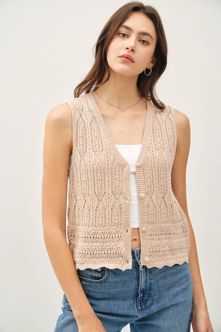 Be Cool -  Crochet Knit Sweater Vest in Taupe