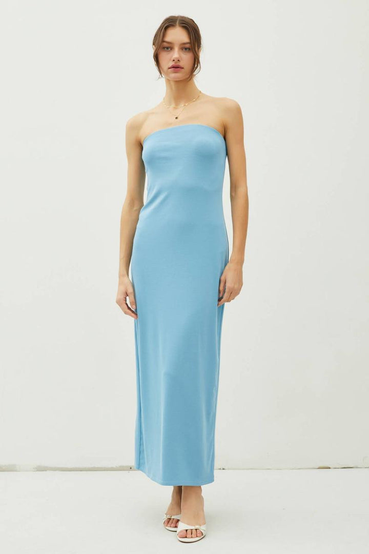 Be Cool - Solid Strapless Tube Maxi Dress With Back Slit in Aqua Blue