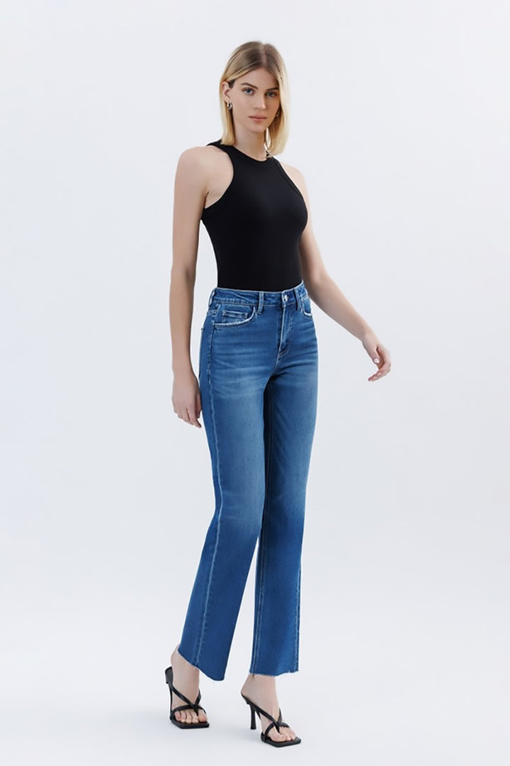 VERVET by Flying Monkey - High Rise Clean Cut Raw Hem Straight Jeans in Raptureously