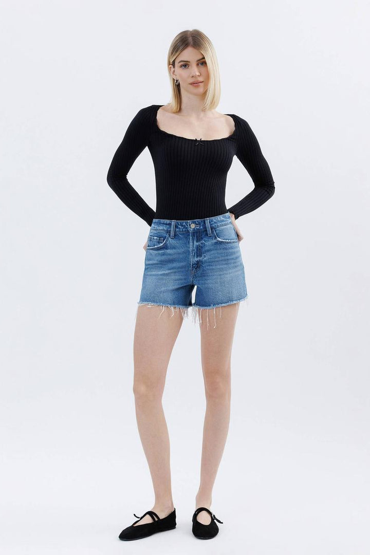 VERVET by Flying Monkey - High Rise Raw Hem Denim Shorts in Amicably