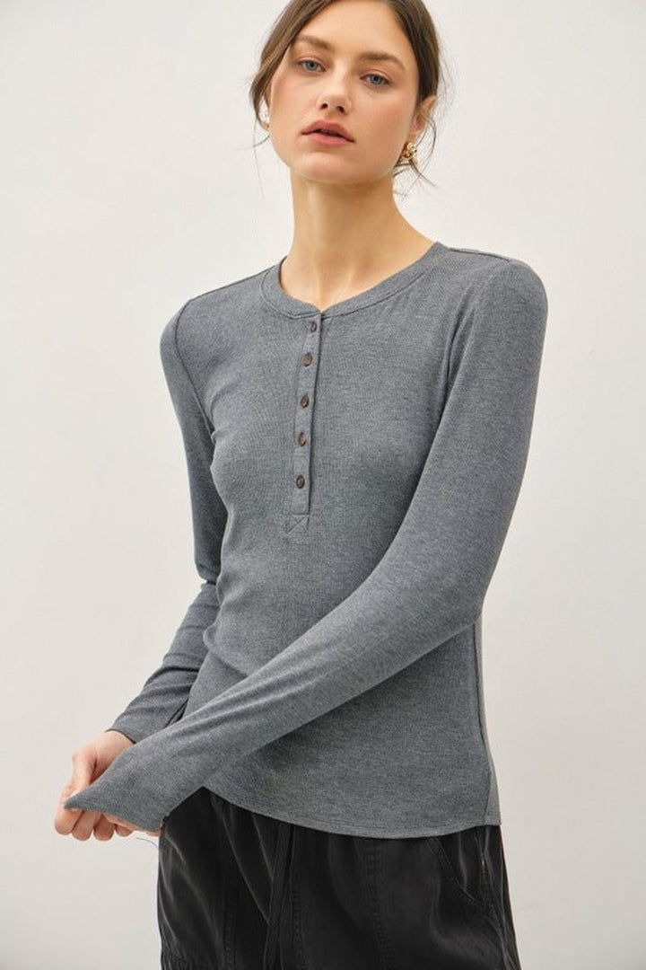 Be Cool - Modal Classic Ribbed Longsleeve Henley Basic Top in H Grey