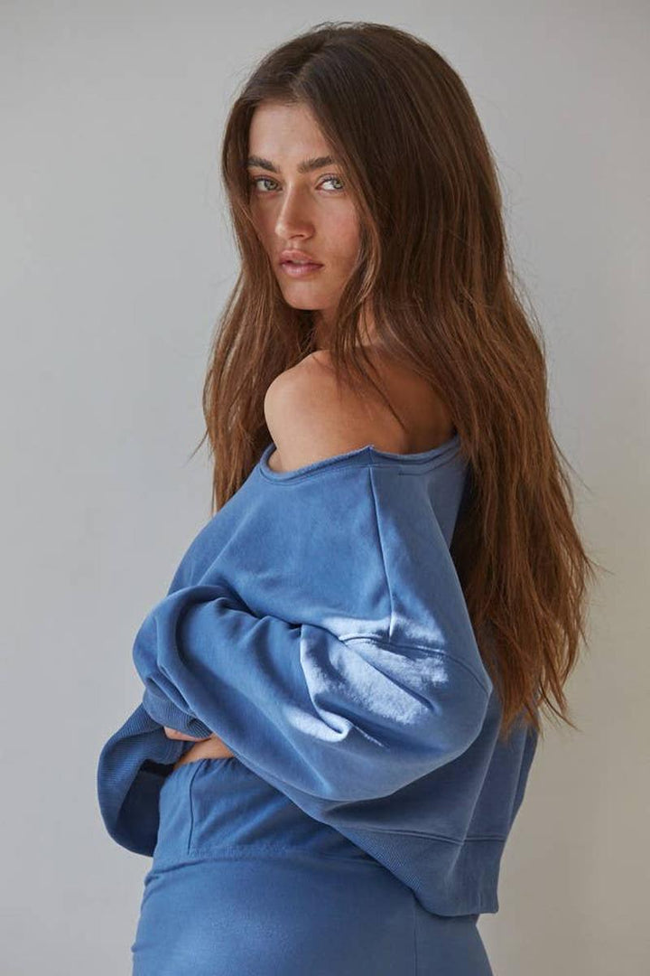 By Together - Knit Cotton Polyester Garment Washed Pullover in Denim