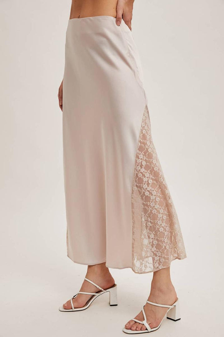Bluivy - Lace Trimmed Mid-Rise Satin Skirt in Pearl
