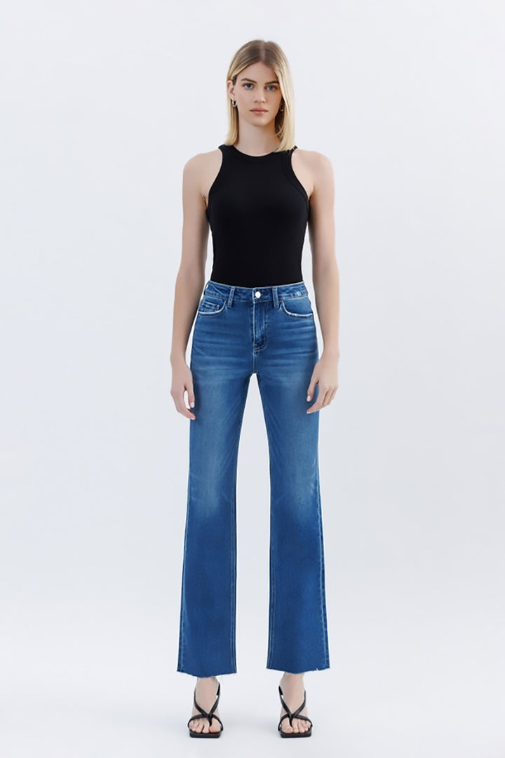 VERVET by Flying Monkey - High Rise Clean Cut Raw Hem Straight Jeans in Raptureously