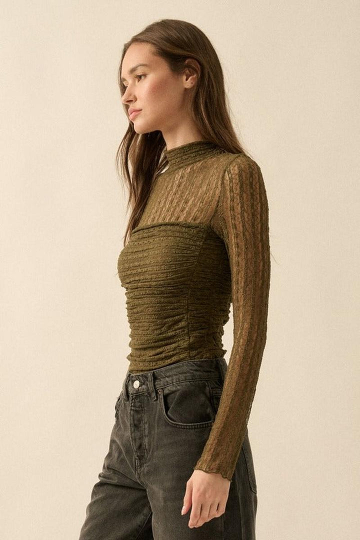 Promesa USA - Striped Floral Lace Ruched Mock-Neck Bodysuit in Olive