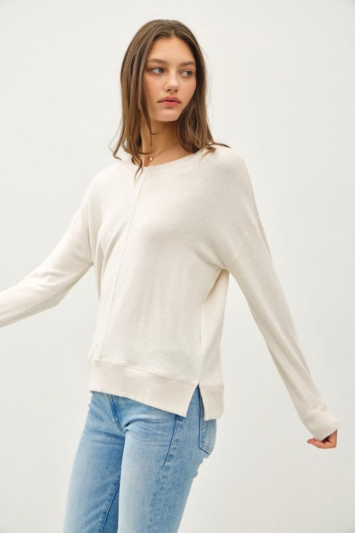 Be Cool - Round Neck Hacci Brushed Pullover Knit Top in Oatmeal