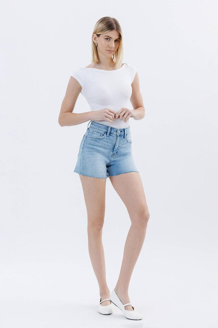 VERVET by Flying Monkey - High Rise Raw Hem Denim Shorts in Uptown Funk