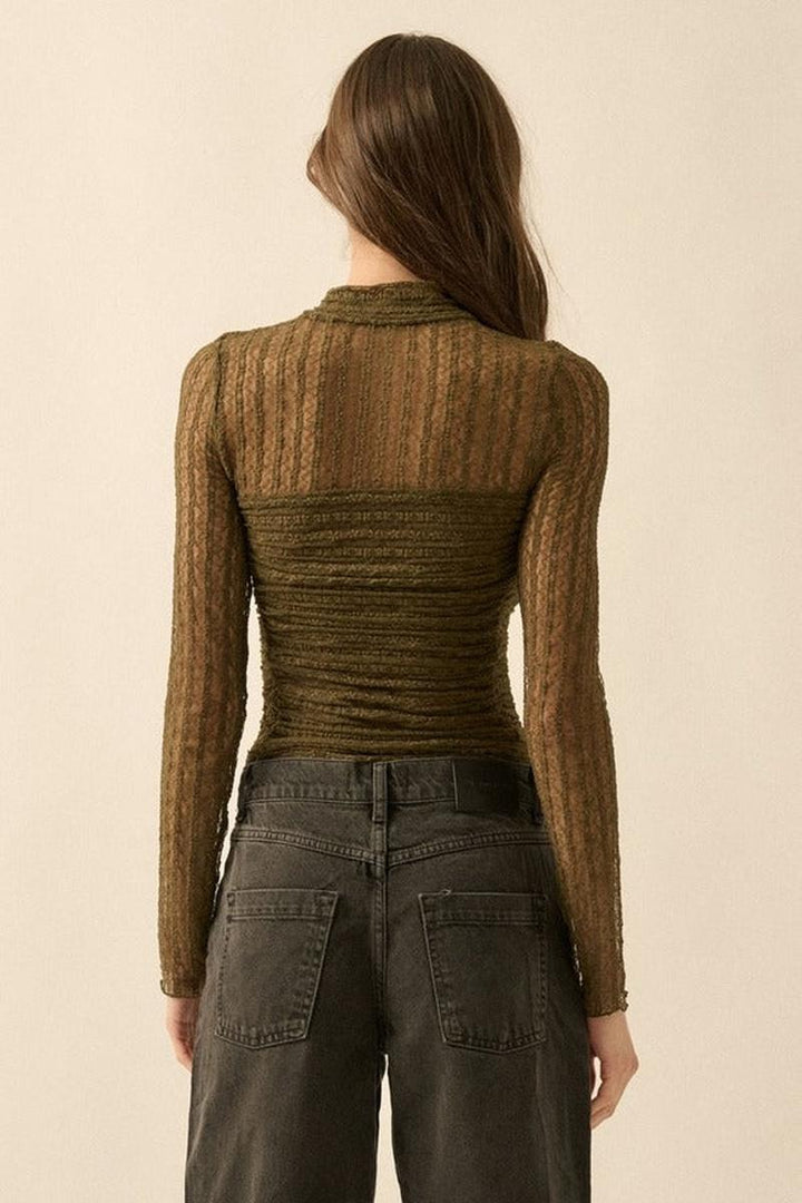 Promesa USA - Striped Floral Lace Ruched Mock-Neck Bodysuit in Olive