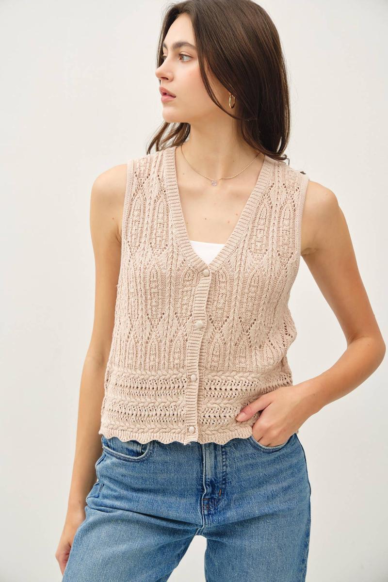 Be Cool -  Crochet Knit Sweater Vest in Taupe