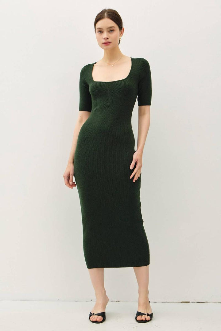 Be Cool - Square Neck Half Sleeve Bodycon Sweater Dress in Pine Green