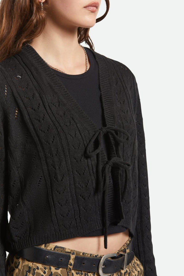Brixton - Cropped Pointelle Tie Cardigan in Black