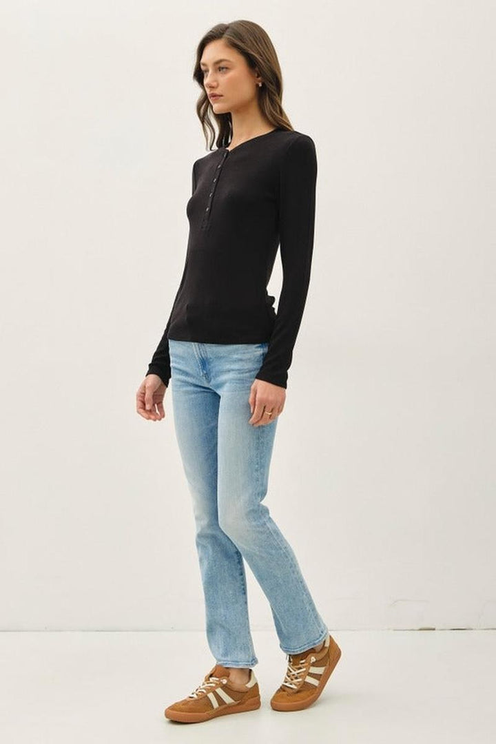 Be Cool - Modal Classic Ribbed Longsleeve Henley Basic Top in Black