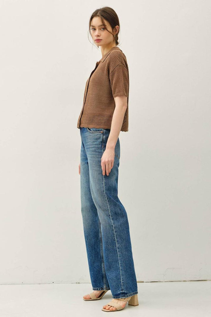 Be Cool - Lightweight, Button Up Sweater with Scalloped Edges in Brown