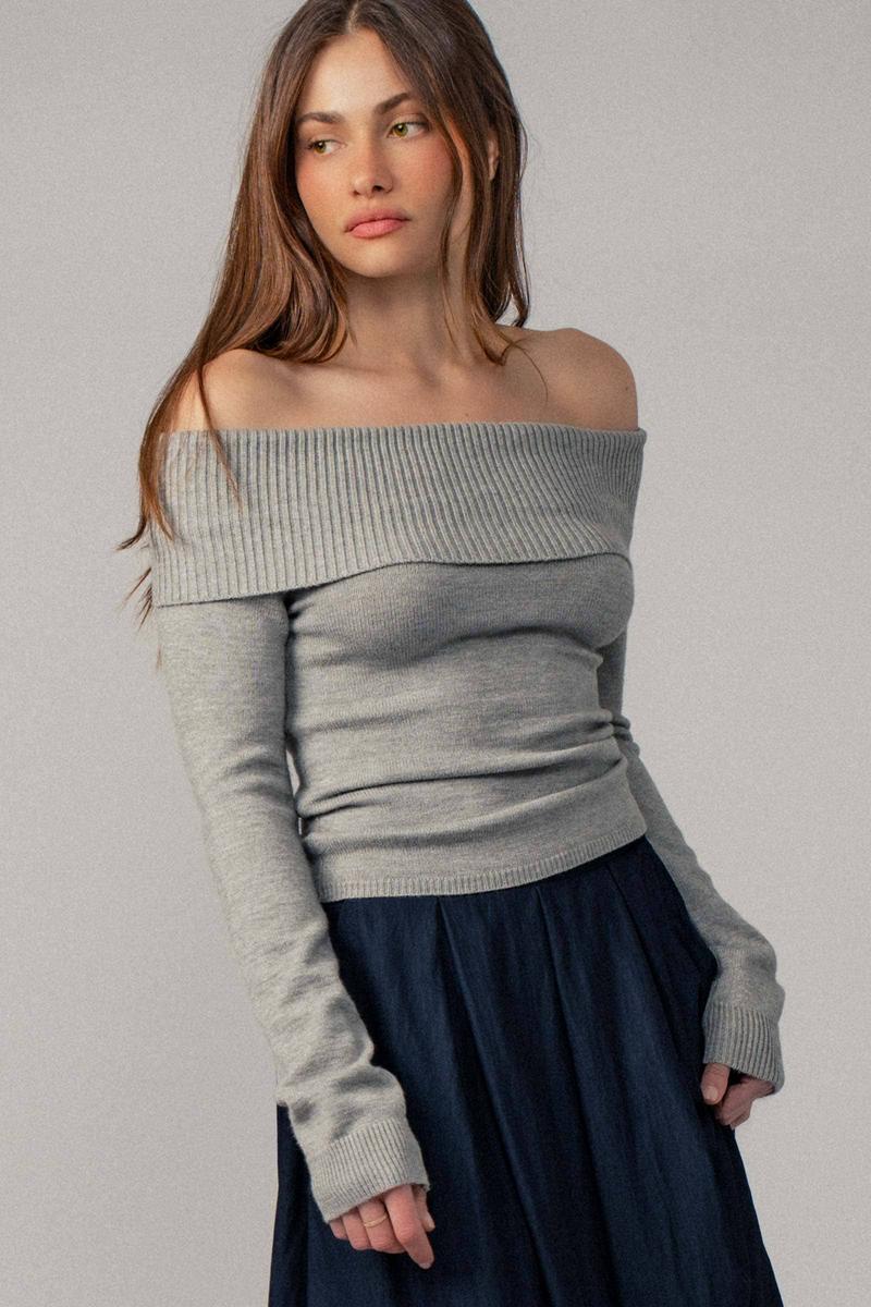 Urban Daizy - Ribbed Off-Shoulder Long Sleeve Sweater in Heather Grey