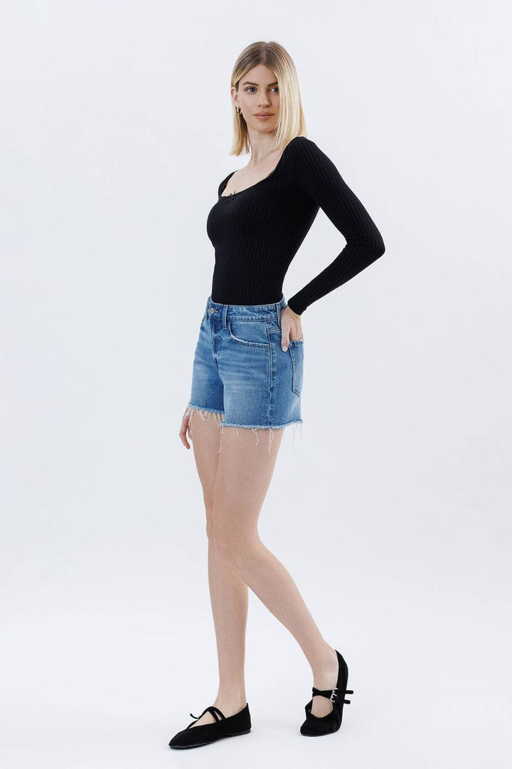 VERVET by Flying Monkey - High Rise Raw Hem Denim Shorts in Amicably