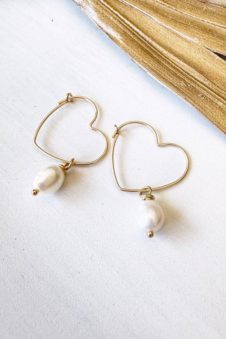 Quinn Sharp - Gold Filled Heart Hoops Freshwater Pearl Drop Earrings in Gold