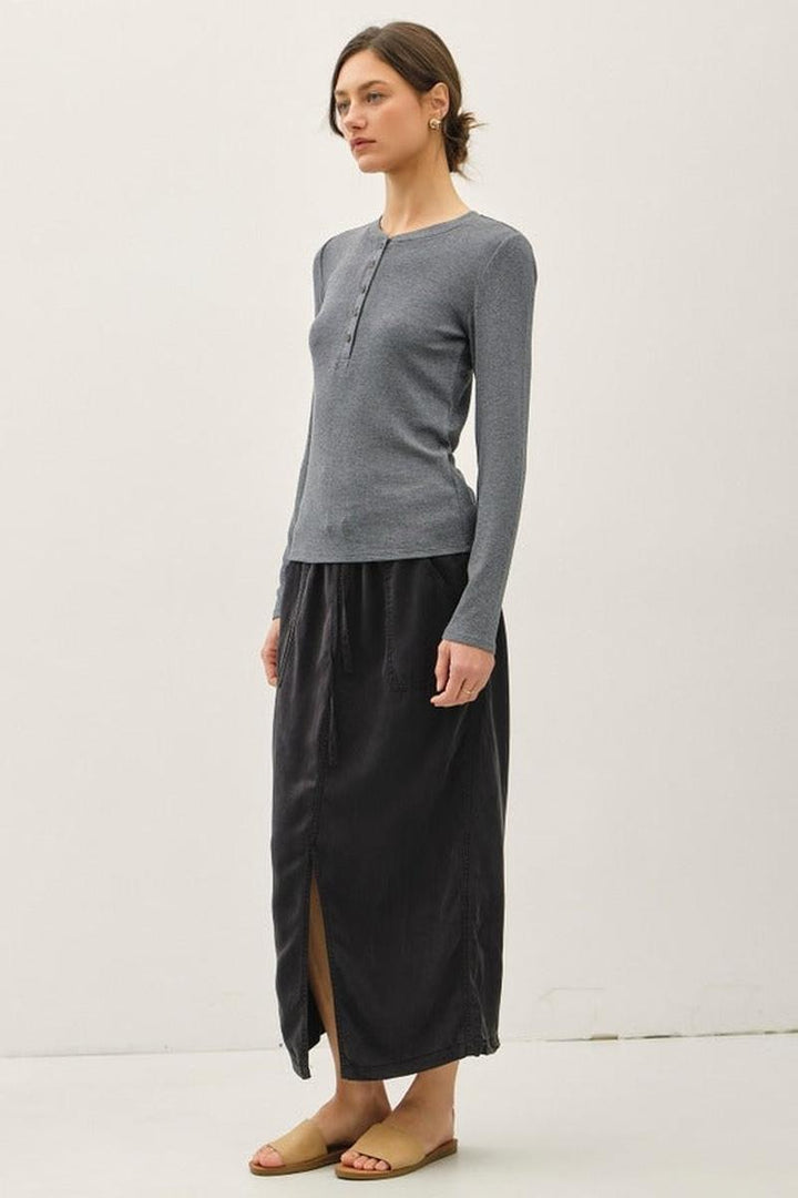 Be Cool - Modal Classic Ribbed Longsleeve Henley Basic Top in H Grey