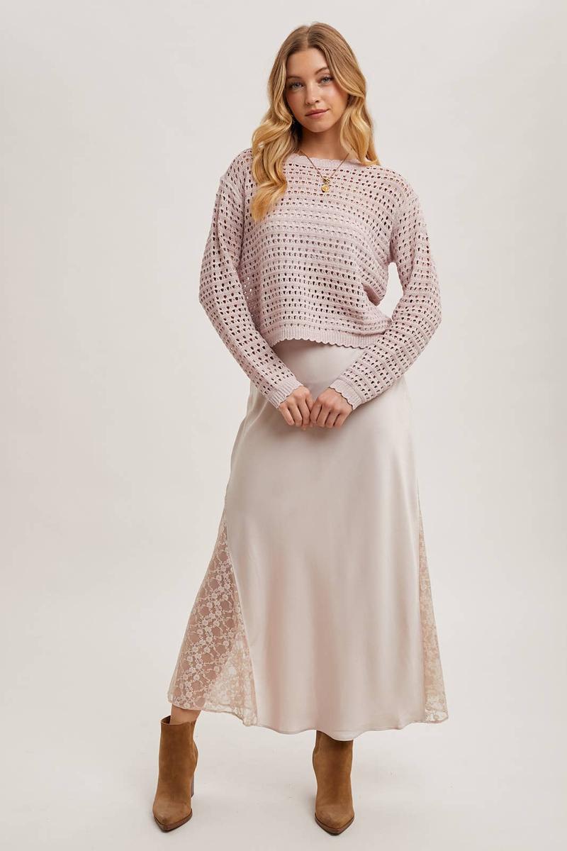 Bluivy - Lace Trimmed Mid-Rise Satin Skirt in Pearl