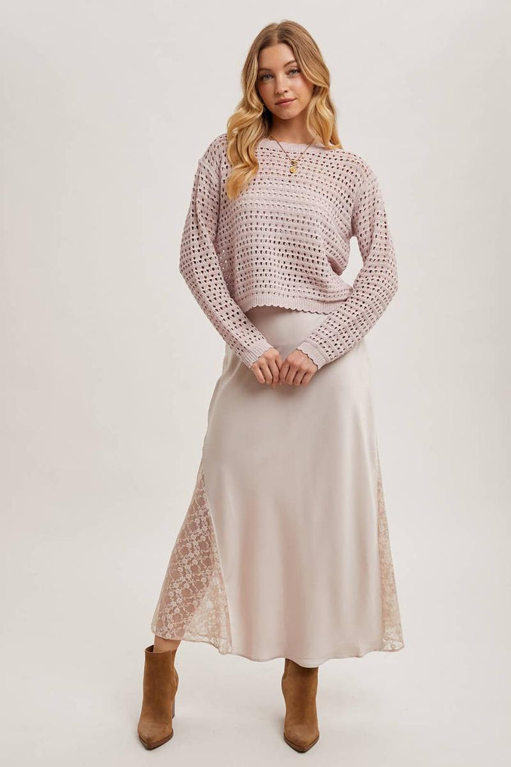 Bluivy - Lace Trimmed Mid-Rise Satin Skirt in Pearl