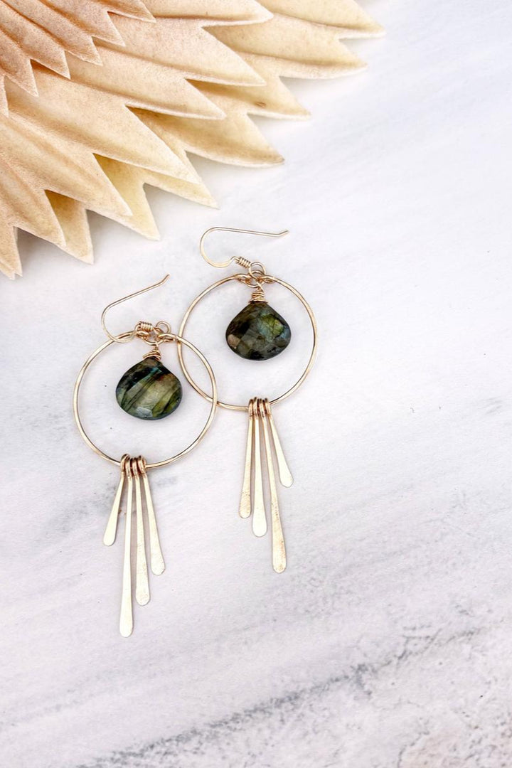 Quinn Sharp - Labradorite and Long Hammered Fringe Hoops in Gold