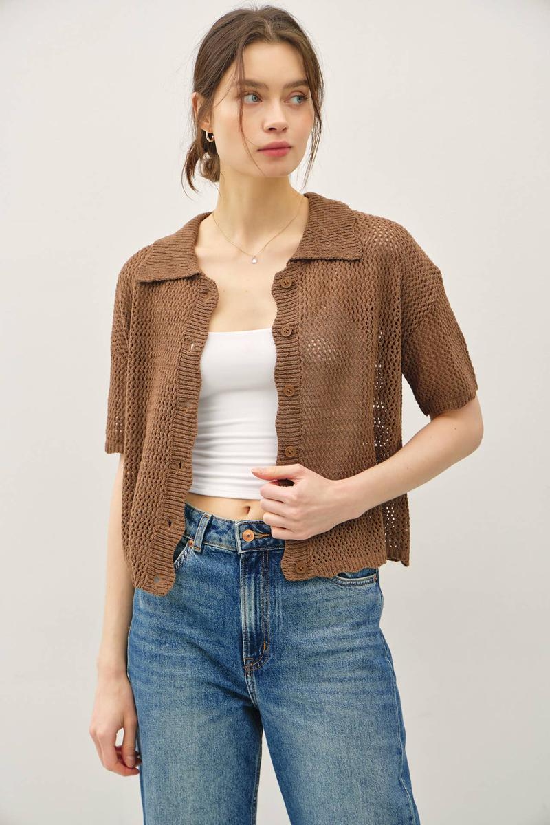Be Cool - Lightweight, Button Up Sweater with Scalloped Edges in Brown