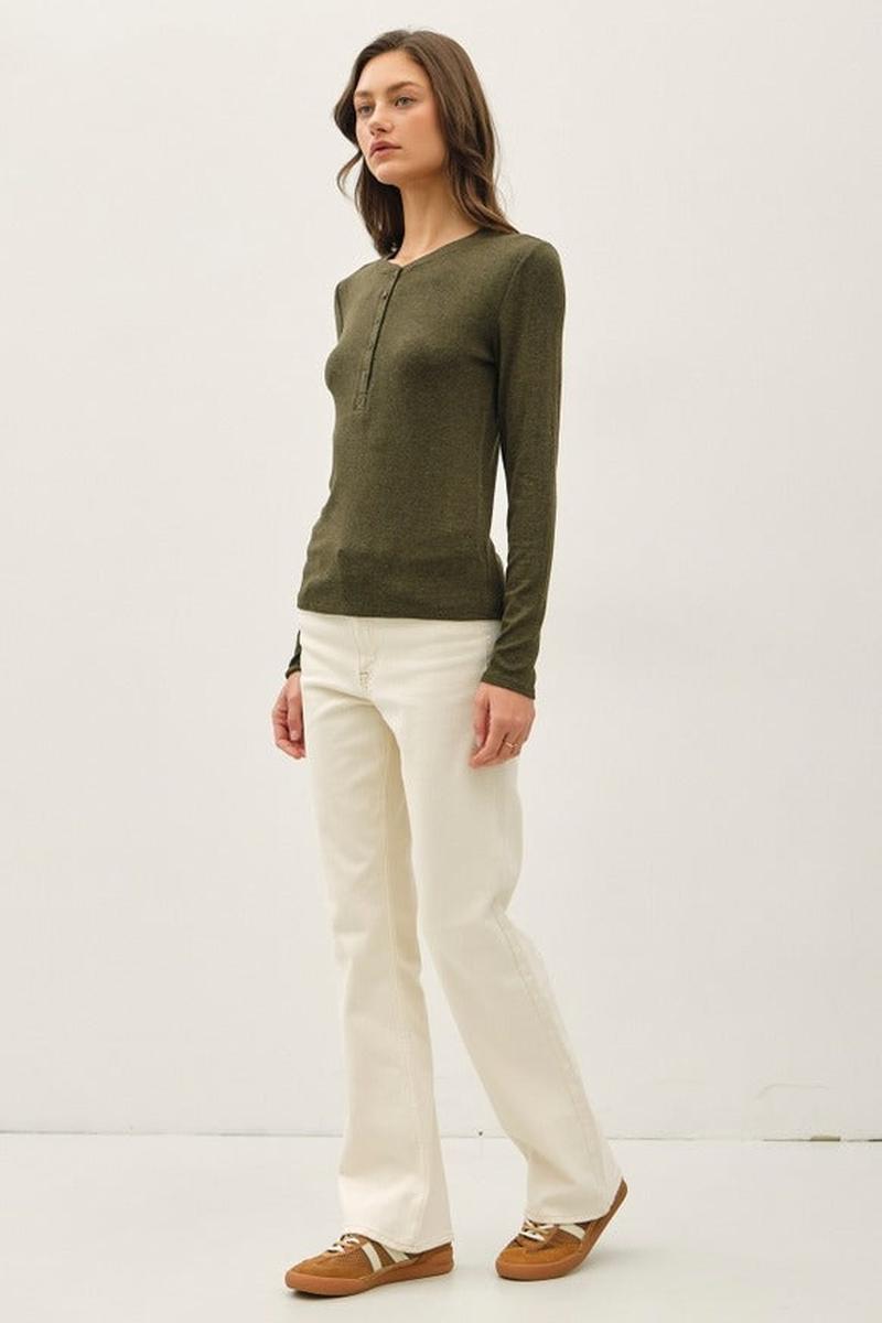 Be Cool - Modal Classic Ribbed Longsleeve Henley Basic Top in Winter Forest